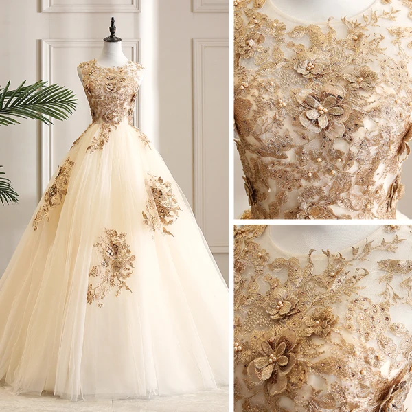Elegant Champagne Dancing Prom Dresses 2021 Ball Gown Scoop Neck Sleeveless Appliques Lace Beading Pearl Rhinestone Floor-Length / Long Ruffle Backless Formal Dresses