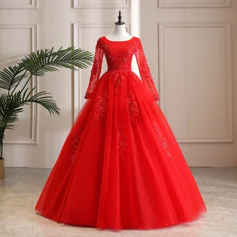 Abordable Rouge Jardin Extérieur Robe De Mariée 2021 Robe Boule Encolure Dégagée Manches Longues Dos Nu Appliques En Dentelle Perlage Longue Volants