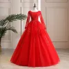 Affordable Red Outdoor / Garden Wedding Dresses 2021 Ball Gown Scoop Neck Long Sleeve Backless Appliques Lace Beading Floor-Length / Long Ruffle