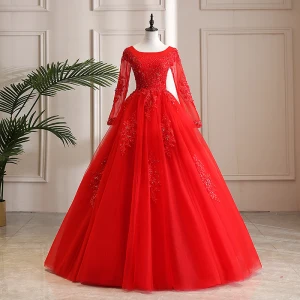 Erschwinglich Rot Garten Im Freien Brautkleider Hochzeitskleider 2021 Ballkleid Rundhalsausschnitt Lange Ärmel Rückenfreies Applikationen Spitze Perlenstickerei Lange Rüschen