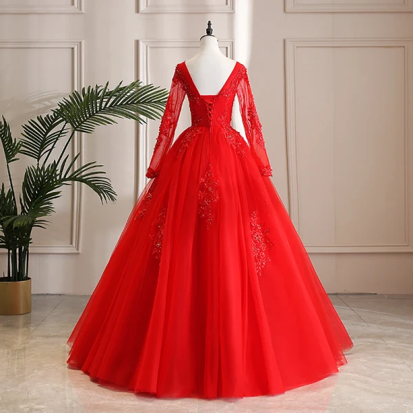 Affordable Red Outdoor / Garden Wedding Dresses 2021 Ball Gown Scoop Neck Long Sleeve Backless Appliques Lace Beading Floor-Length / Long Ruffle