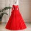 Affordable Red Outdoor / Garden Wedding Dresses 2021 Ball Gown Scoop Neck Long Sleeve Backless Appliques Lace Beading Floor-Length / Long Ruffle