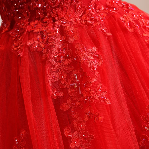 Affordable Red Outdoor / Garden Wedding Dresses 2021 Ball Gown Scoop Neck Long Sleeve Backless Appliques Lace Beading Floor-Length / Long Ruffle
