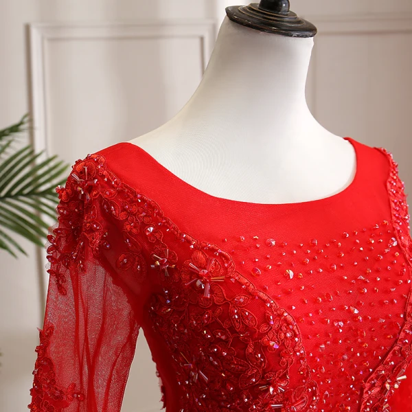 Affordable Red Outdoor / Garden Wedding Dresses 2021 Ball Gown Scoop Neck Long Sleeve Backless Appliques Lace Beading Floor-Length / Long Ruffle