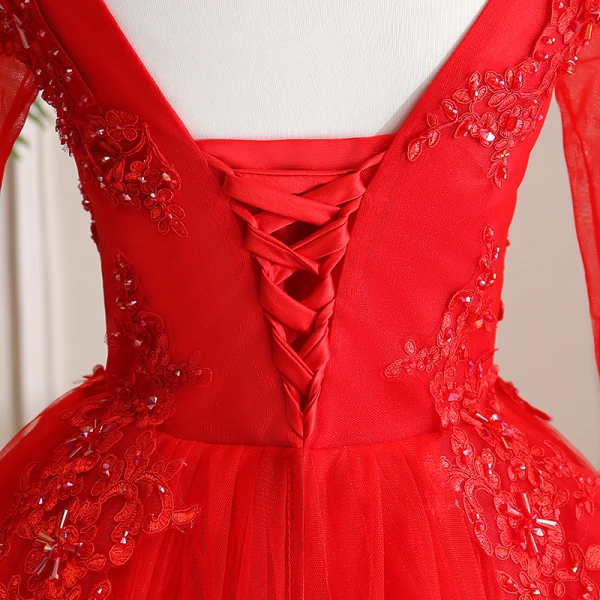 Affordable Red Outdoor / Garden Wedding Dresses 2021 Ball Gown Scoop Neck Long Sleeve Backless Appliques Lace Beading Floor-Length / Long Ruffle