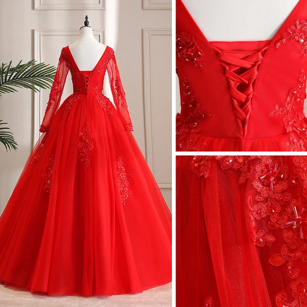 Affordable Red Outdoor / Garden Wedding Dresses 2021 Ball Gown Scoop Neck Long Sleeve Backless Appliques Lace Beading Floor-Length / Long Ruffle