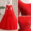Affordable Red Outdoor / Garden Wedding Dresses 2021 Ball Gown Scoop Neck Long Sleeve Backless Appliques Lace Beading Floor-Length / Long Ruffle