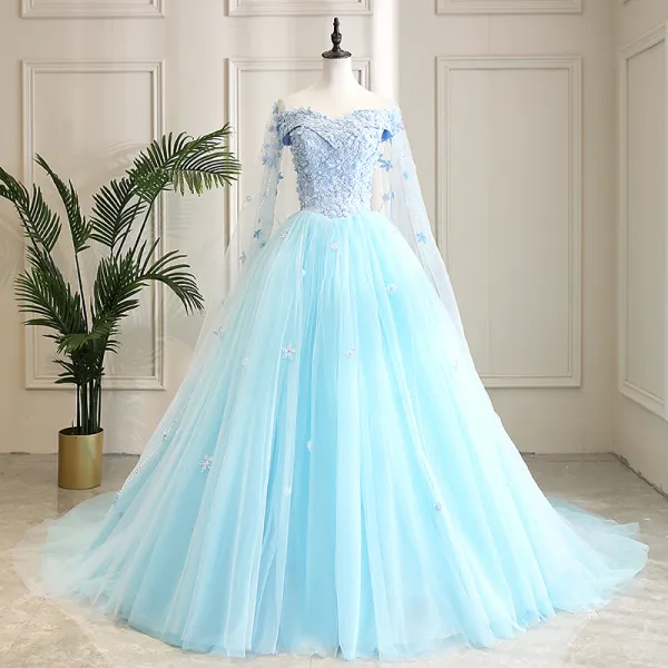 Wróżka Kwiatowa Niebieskie Sukienki Na Bal 2021 Suknia Balowa Przy Ramieniu Kótkie Rękawy Aplikacje Z Koronki Kwiat Frezowanie Trenem Watteau Wzburzyć Bez Pleców Sukienki Wizytowe