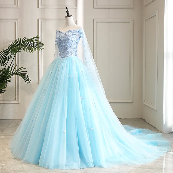 Flower Fairy Pool Blue Prom Dresses 2021 Ball Gown Off-The-Shoulder Short Sleeve Appliques Lace Flower Beading Watteau Train Ruffle Backless Formal Dresses