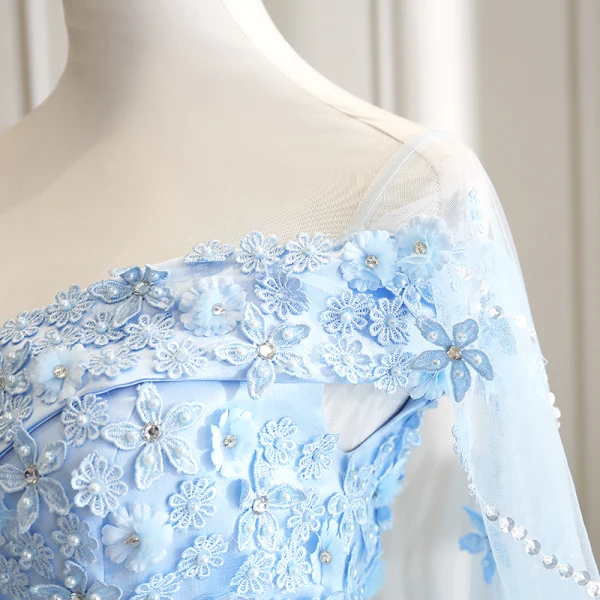 Flower Fairy Pool Blue Prom Dresses 2021 Ball Gown Off-The-Shoulder Short Sleeve Appliques Lace Flower Beading Watteau Train Ruffle Backless Formal Dresses