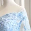 Flower Fairy Pool Blue Prom Dresses 2021 Ball Gown Off-The-Shoulder Short Sleeve Appliques Lace Flower Beading Watteau Train Ruffle Backless Formal Dresses