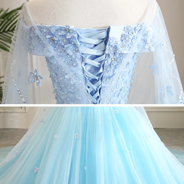 Flower Fairy Pool Blue Prom Dresses 2021 Ball Gown Off-The-Shoulder Short Sleeve Appliques Lace Flower Beading Watteau Train Ruffle Backless Formal Dresses