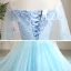 Flower Fairy Pool Blue Prom Dresses 2021 Ball Gown Off-The-Shoulder Short Sleeve Appliques Lace Flower Beading Watteau Train Ruffle Backless Formal Dresses
