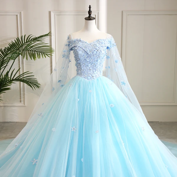 Flower Fairy Pool Blue Prom Dresses 2021 Ball Gown Off-The-Shoulder Short Sleeve Appliques Lace Flower Beading Watteau Train Ruffle Backless Formal Dresses