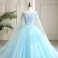 Flower Fairy Pool Blue Prom Dresses 2021 Ball Gown Off-The-Shoulder Short Sleeve Appliques Lace Flower Beading Watteau Train Ruffle Backless Formal Dresses