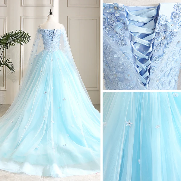 Flower Fairy Pool Blue Prom Dresses 2021 Ball Gown Off-The-Shoulder Short Sleeve Appliques Lace Flower Beading Watteau Train Ruffle Backless Formal Dresses