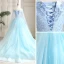 Flower Fairy Pool Blue Prom Dresses 2021 Ball Gown Off-The-Shoulder Short Sleeve Appliques Lace Flower Beading Watteau Train Ruffle Backless Formal Dresses