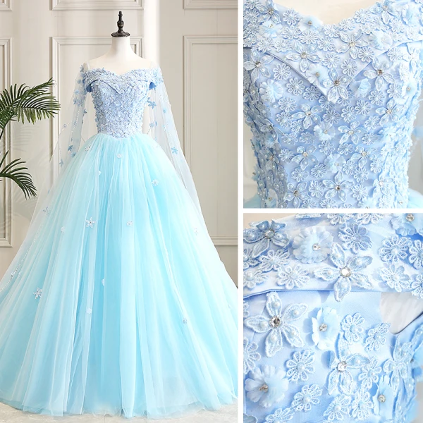 Flower Fairy Pool Blue Prom Dresses 2021 Ball Gown Off-The-Shoulder Short Sleeve Appliques Lace Flower Beading Watteau Train Ruffle Backless Formal Dresses