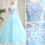 Flower Fairy Pool Blue Prom Dresses 2021 Ball Gown Off-The-Shoulder Short Sleeve Appliques Lace Flower Beading Watteau Train Ruffle Backless Formal Dresses