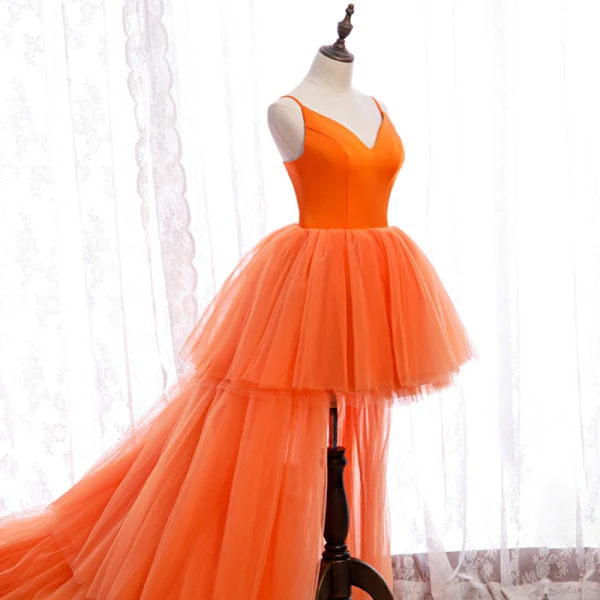 Hohes Niedriges Orange Roter Teppich Abendkleider 2021 A Linie Spaghettiträger Ärmellos Asymmetrisch Fallende Rüsche Rückenfreies Festliche Kleider