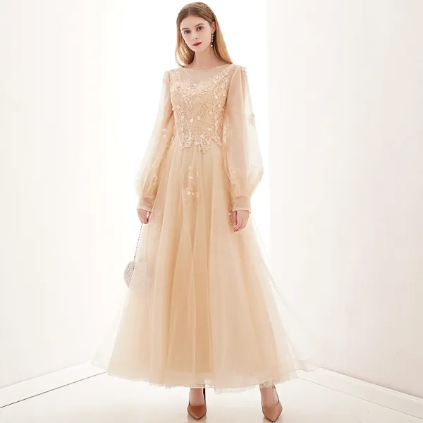 Victorian Style Champagne See-through Dancing Prom Dresses 2021 A-Line / Princess Scoop Neck Puffy Long Sleeve Appliques Lace Floor-Length / Long Ruffle Formal Dresses