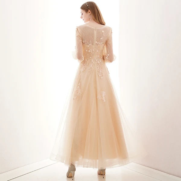 Style Victorien Champagne Transparentes Dansant Robe De Bal 2021 Princesse Encolure Dégagée Gonflée Manches Longues Appliques En Dentelle Longue Volants Robe De Ceremonie