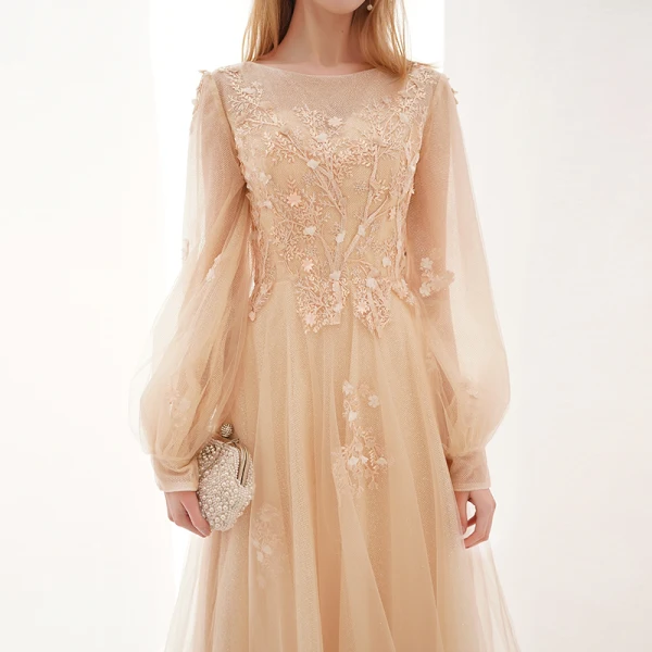 Style Victorien Champagne Transparentes Dansant Robe De Bal 2021 Princesse Encolure Dégagée Gonflée Manches Longues Appliques En Dentelle Longue Volants Robe De Ceremonie