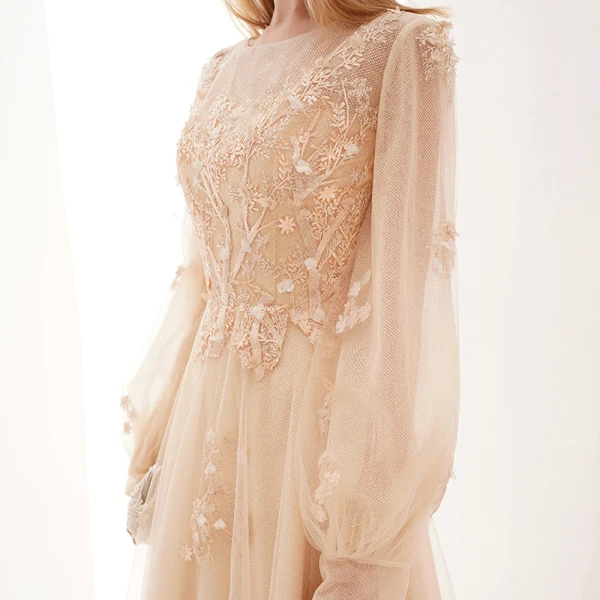 Style Victorien Champagne Transparentes Dansant Robe De Bal 2021 Princesse Encolure Dégagée Gonflée Manches Longues Appliques En Dentelle Longue Volants Robe De Ceremonie
