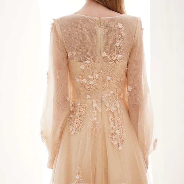 Style Victorien Champagne Transparentes Dansant Robe De Bal 2021 Princesse Encolure Dégagée Gonflée Manches Longues Appliques En Dentelle Longue Volants Robe De Ceremonie