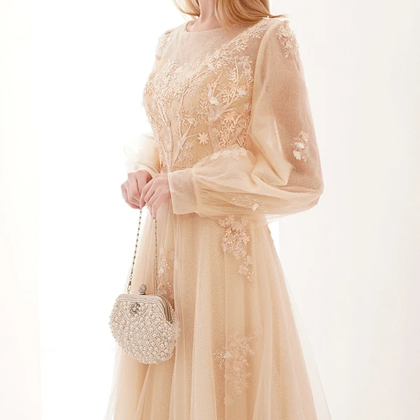 Style Victorien Champagne Transparentes Dansant Robe De Bal 2021 Princesse Encolure Dégagée Gonflée Manches Longues Appliques En Dentelle Longue Volants Robe De Ceremonie
