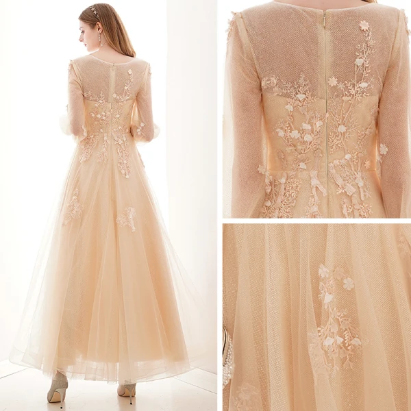Style Victorien Champagne Transparentes Dansant Robe De Bal 2021 Princesse Encolure Dégagée Gonflée Manches Longues Appliques En Dentelle Longue Volants Robe De Ceremonie