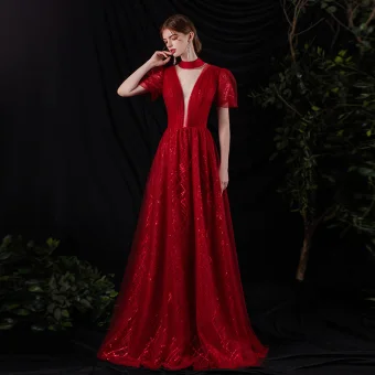 Sexy Bordeaux Dansant Robe De Bal 2021 Princesse Transparentes Col V Profond Gonflée Manches Courtes Paillettes Tulle Longue Volants Dos Nu Robe De Ceremonie