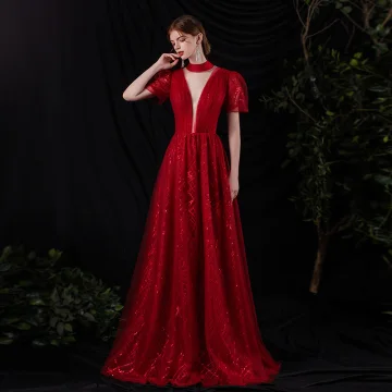 Sexy Bordeaux Dansant Robe De Bal 2021 Princesse Transparentes Col V Profond Gonflée Manches Courtes Paillettes Tulle Longue Volants Dos Nu Robe De Ceremonie