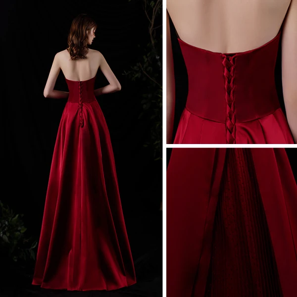 Modest / Simple Burgundy Satin Dancing Prom Dresses 2021 A-Line / Princess Strapless Sleeveless Floor-Length / Long Ruffle Backless Formal Dresses