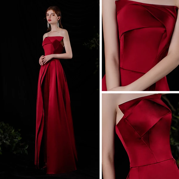Modest / Simple Burgundy Satin Dancing Prom Dresses 2021 A-Line / Princess Strapless Sleeveless Floor-Length / Long Ruffle Backless Formal Dresses