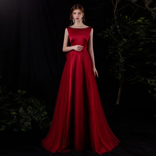Fashion Burgundy Satin Dancing Prom Dresses 2021 A-Line / Princess Square Neckline Sleeveless Beading Sash Floor-Length / Long Ruffle Backless Formal Dresses