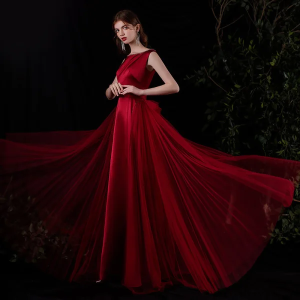 Fashion Burgundy Satin Dancing Prom Dresses 2021 A-Line / Princess Square Neckline Sleeveless Beading Sash Floor-Length / Long Ruffle Backless Formal Dresses
