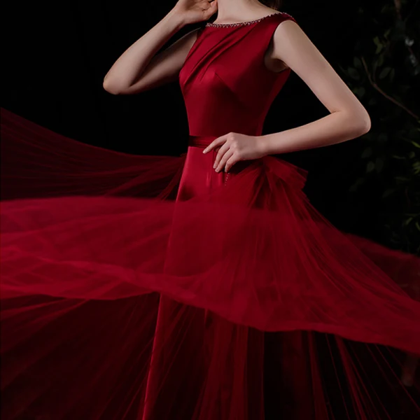 Fashion Burgundy Satin Dancing Prom Dresses 2021 A-Line / Princess Square Neckline Sleeveless Beading Sash Floor-Length / Long Ruffle Backless Formal Dresses