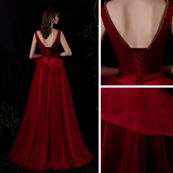 Fashion Burgundy Satin Dancing Prom Dresses 2021 A-Line / Princess Square Neckline Sleeveless Beading Sash Floor-Length / Long Ruffle Backless Formal Dresses
