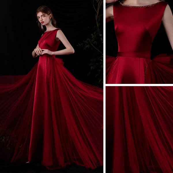Fashion Burgundy Satin Dancing Prom Dresses 2021 A-Line / Princess Square Neckline Sleeveless Beading Sash Floor-Length / Long Ruffle Backless Formal Dresses