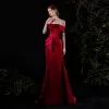 Modest / Simple Fashion Burgundy Satin Evening Dresses  2021 Trumpet / Mermaid Off-The-Shoulder Short Sleeve Split Front Sweep Train Backless Formal Dresses