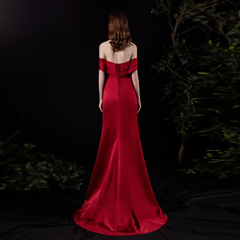 Modest Simple Fashion Burgundy Satin Evening Dresses 2021 Trumpet Mermaid Short Sleeve