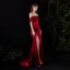 Modest / Simple Fashion Burgundy Satin Evening Dresses  2021 Trumpet / Mermaid Off-The-Shoulder Short Sleeve Split Front Sweep Train Backless Formal Dresses