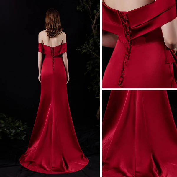 Modest / Simple Fashion Burgundy Satin Evening Dresses  2021 Trumpet / Mermaid Off-The-Shoulder Short Sleeve Split Front Sweep Train Backless Formal Dresses