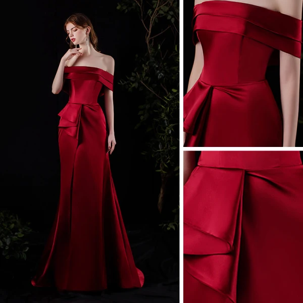Modest / Simple Fashion Burgundy Satin Evening Dresses  2021 Trumpet / Mermaid Off-The-Shoulder Short Sleeve Split Front Sweep Train Backless Formal Dresses