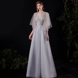 Illusion Grey See Through Prom Dresses 2021 A Line Princess Deep V Neck Short Sleeve Appliques Lace Sequins Floor Length Long Ruffle Backless Formal Dresses