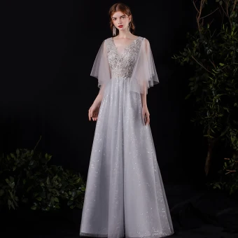 Illusion Grey See Through Prom Dresses 2021 A Line Princess Deep V Neck Short Sleeve Appliques Lace Sequins Floor Length Long Ruffle Backless Formal Dresses