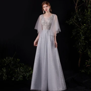 Illusion Grey See Through Prom Dresses 2021 A Line Princess Deep V Neck Short Sleeve Appliques Lace Sequins Floor Length Long Ruffle Backless Formal Dresses