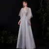 Illusion Grey See-through Prom Dresses 2021 A-Line / Princess Deep V-Neck Short Sleeve Appliques Lace Sequins Floor-Length / Long Ruffle Backless Formal Dresses