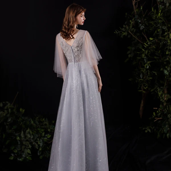 Illusion Grey See-through Prom Dresses 2021 A-Line / Princess Deep V-Neck Short Sleeve Appliques Lace Sequins Floor-Length / Long Ruffle Backless Formal Dresses